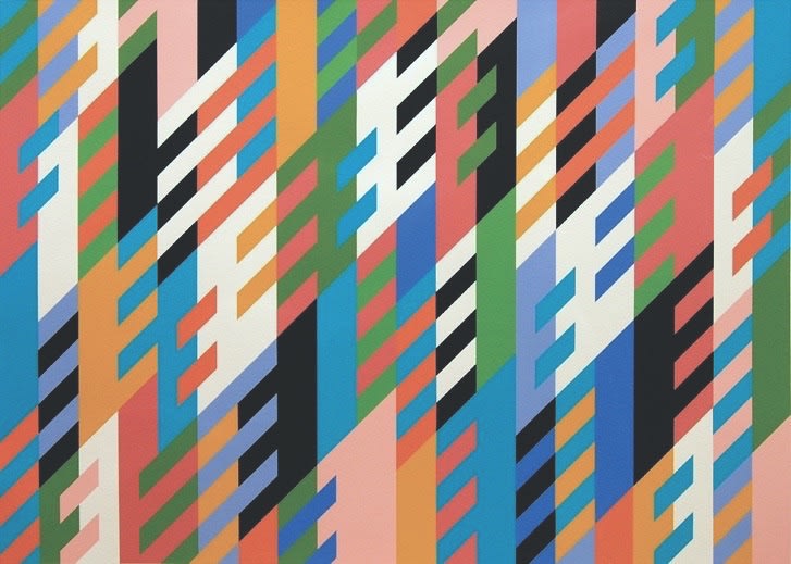 Bridget Riley's New Day. An abstract work with vertical and diagonal lines and vibrant colours.